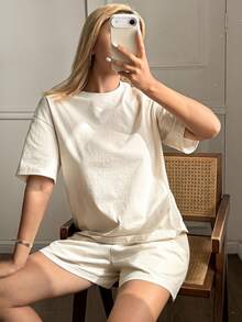 Bộ đồ ngủ ngắn tay và quần short bằng cotton dành cho nữ, kiểu dáng thường ngày, thích hợp cho mùa hè. - Màu be - Xem 8