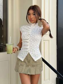 Muchica Blusa de punto con cuello plisado para mujer, nueva colección primavera/verano - Albaricoque - Ver 5