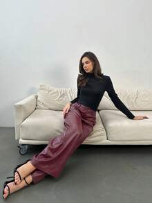 SHEIN Tall 女士酒红色皮质长裤，简约前开襟纽扣设计，日常休闲百搭，女士下装 - 酒紅色 - 查看 7