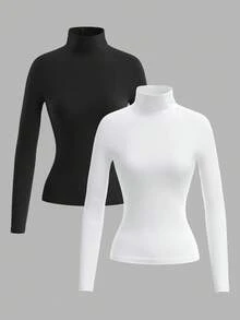 SHEIN Tall Bộ 2 áo cổ cao màu trắng trơn, ôm dáng, thích hợp cho mùa thu và mùa đông. - Nhiều màu - Xem 11
