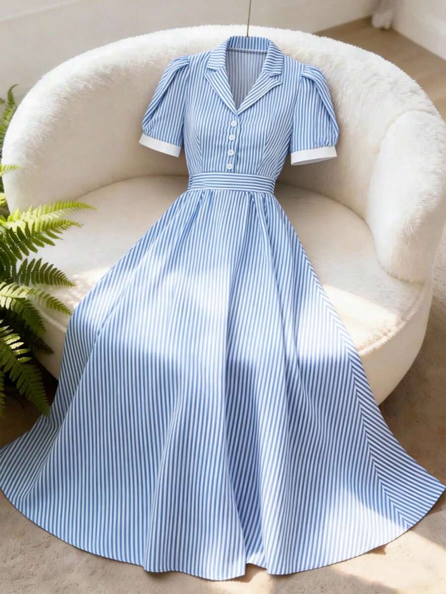 GlowEve Women's Striped Pattern Lapel Design Waist A-Line Dress, Elegant And Charming For Holiday, Commute, Music Festival, Date, French Riviera, Beach, Street Style, Versatile, Spring/Summer, Light Blue Striped New Arrival Puff Sleeve Midi Dress - Blue and White - View 1