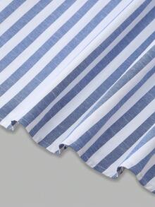 GlowEve 女士棉麻蓝白条纹拼接镂空蕾丝边A字中长连衣裙，魅力优雅日常通勤度假时尚约会法式街头复古百搭春夏蓝白新款无袖衬衫裙 - 彩色 - 查看 5