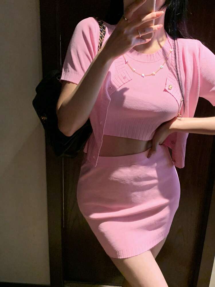 Women's Korean Style Solid Color Casual Camisole, Jacket And Mini Skirt 3-Piece Set, Feminine Chic Summer