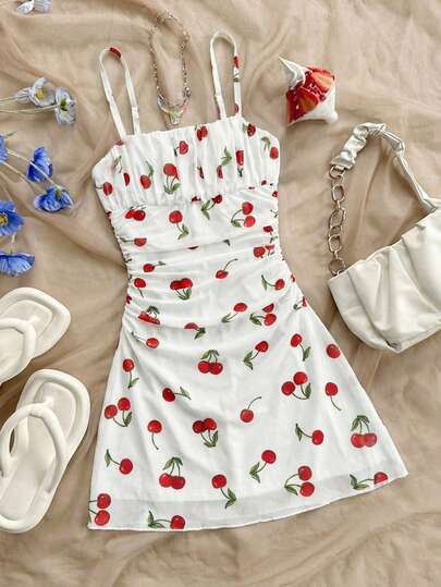 SHEIN Tween Girls' Summer Casual Cherry Print Camisole Dress