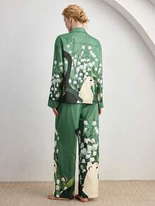 Ocili 女士丝滑缎面豹纹印花舒适宽松翻领贝壳纽扣长袖睡衣套装 - 墨綠色 - 查看 3