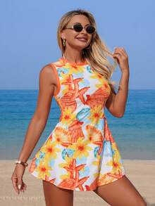 Swim Lushoire Women's Summer Shell & Floral Random Print Round Neck Sleeveless Dress & Cover-Up - Multicolor - View 3