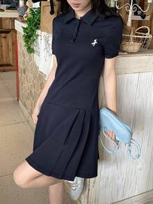 DAZY 女士刺绣半开襟纽扣休闲短袖迷你连衣裙 - 藏蓝色 - 查看 2