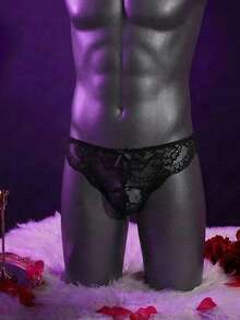 WENEZON 男士蕾丝性感内裤，贴身内衣撞色蕾丝丁字裤男士蕾丝内裤 - 黑色 - 查看 3