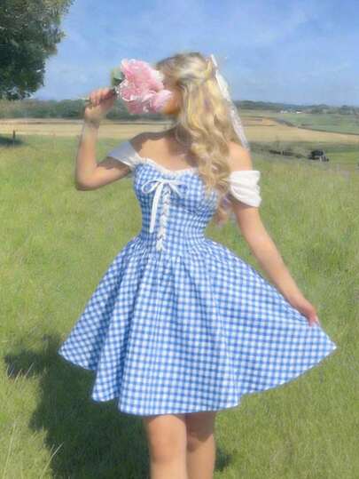 SHEIN MOD Blue And White Checkered Dreamy Romantic Elegant Dress With Corset Panel, Ruffle And Bow Details, Cross Ties – Cute Style For Picnic, Date, Party, Holiday, Tea Party, And Birthday.Blue And White Gingham Mini Dress Off Shoulder Puff Sleeves Lace Up Front Sweetheart Neckline Ruffled Trim Fitted Bodice Flared Skirt Playful Style Checkered Pattern Lightweight Fabric Gathered Waist Soft Drape Crisp Texture Feminine Silhouette Charming Design Airy Feel Retro-Inspired Accents Summer Look,Summer Holiday Outfits, Vacation Outfits , Carnival Costume , Valentines Day Outfit  , Valentine Outfits For Women , Summer Outfits , Spring Break Outfits