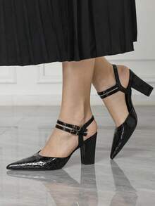 Sleekvia Damskie buty na obcasie z grubym, spiczastym obcasem, czarne, wytłoczone paskiem wokół kostki, buty na wysokim obcasie, proste, modne, uniwersalne, wygodne, dojazdowe, damskie buty na wysokim obcasie - Czarne - Zobacz 5