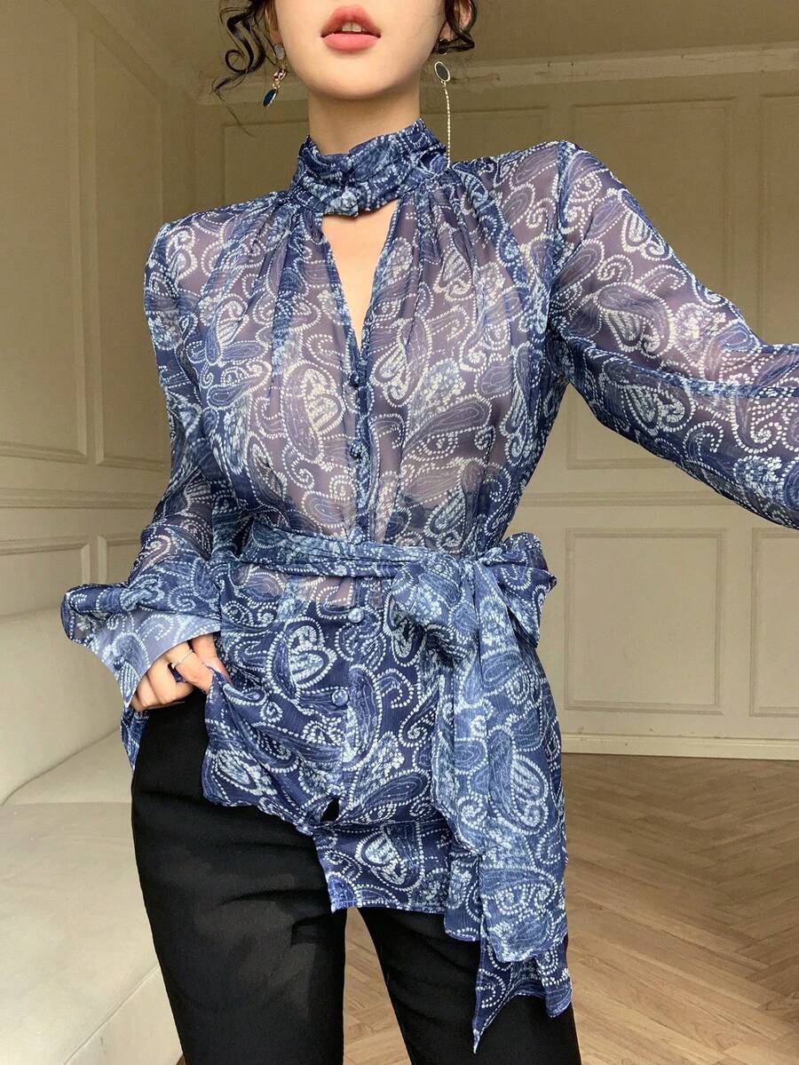 DAZY Women's Elegant Floral Print Stand Collar Belted Shirt, Spring - Blue - View 1