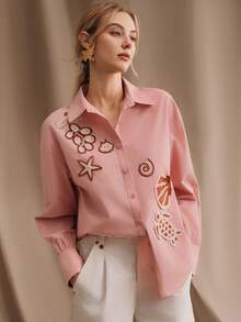 Anewsta 宽松女式衬衫，粉色泡泡袖，饰有3D海星图案 - 粉色 - 查看 3