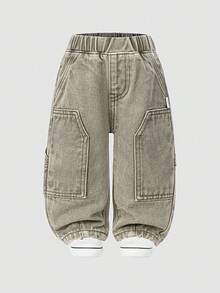 Toddler Boys' Casual Fashionable Washed Light Green Denim Straight Leg Pants - Army Green - View 3