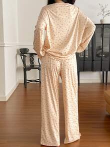DAZY Ditsy Floral Loose Comfortable Long Sleeve Top And Pants 2 Pieces Pajama Set For Women, Spring - Apricot - View 2