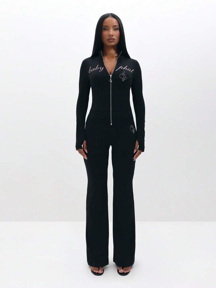 BABYPHAT Plus Size Women Black Zip Through Hoodie Long Sleeve V Neck Script Print Casual Sweatshirt Top Winter Fall Comfortable Relaxed Fit - Black - View 3