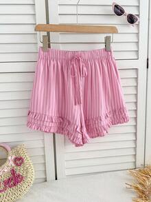Sweetra Quần short nữ kẻ sọc nhiều màu sắc, thích hợp cho đi biển, kỳ nghỉ, mùa xuân, hè, thu, đông, dự tiệc, đi làm, dạo phố, du lịch, màu hồng, dễ thương, ngọt ngào, thời trang, quần short viền bèo hai lớp, quần short thắt nơ bất đối xứng. - Hồng - Xem 4