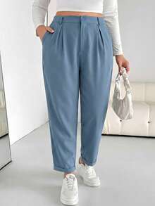 SHEIN Essnce 大码女装春秋季时尚休闲宽松舒适日常百搭经典黑色锥形裤，女式下装，工作裤，秋季穿搭，简约风格 - 霧霾藍 - 查看 3