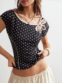 Bohemela Áo thun dệt kim chấm bi thường ngày dành cho nữ - Đen và trắng - Xem 4