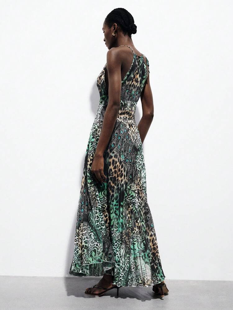 green leopard silk dress LTS Tall Khaki Green Leopard Print Satin Midi Dress