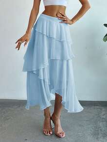 Firerie Layered Ruffle Hem Flared Skirt - Baby Blue - View 5