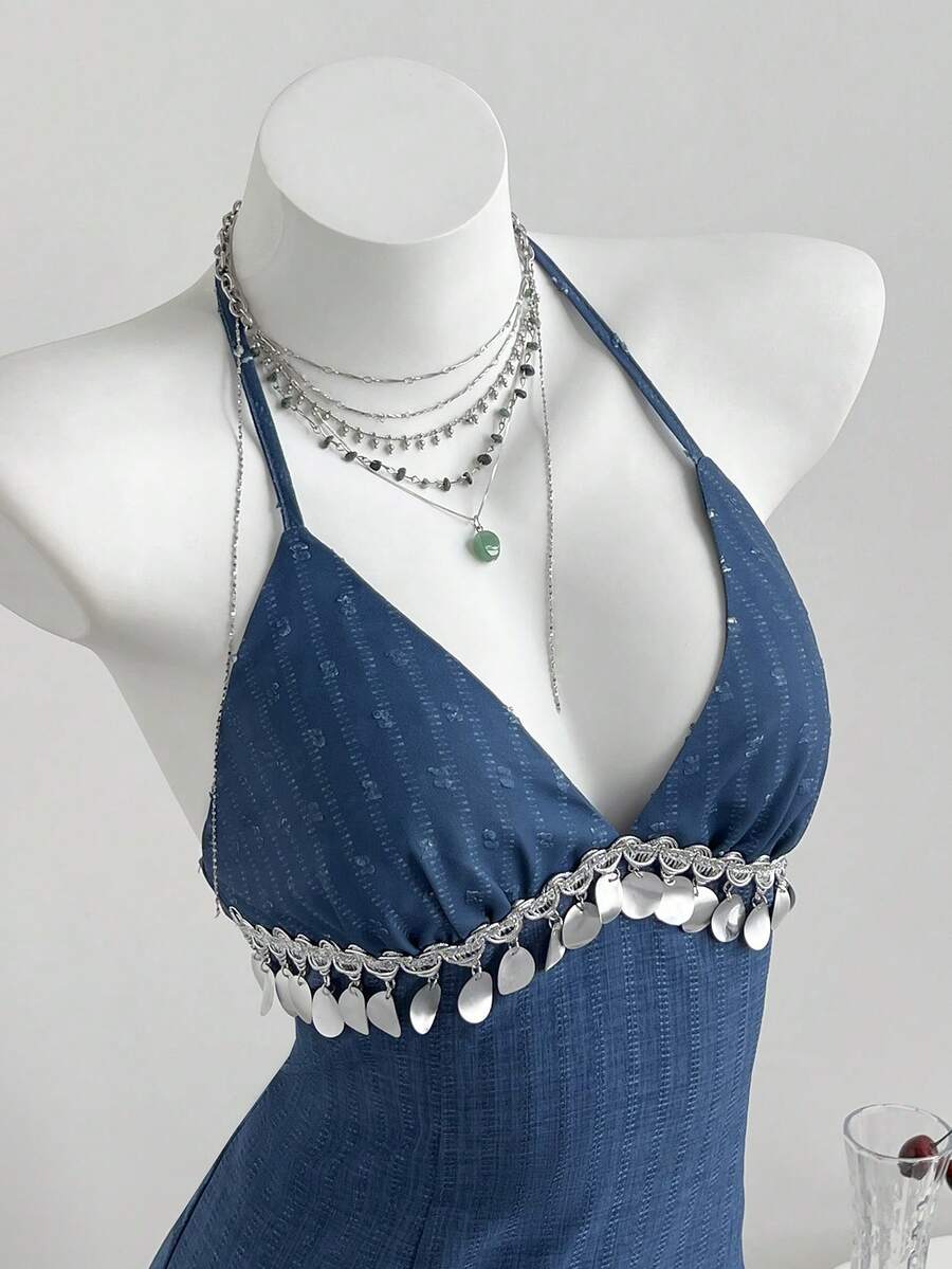 Elamini Women's Spaghetti Strap Backless Sleeveless Summer Fashion Tassel Dress - Royal Blue - View 1