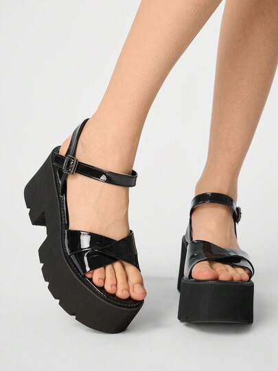 ROMWE Women's Punk Style Y2K Glossy Casual Street Platform Wedge Sandals, Gothic Vintage Dark Cross-Strap Design With Elastic Buckle, Roman Gladiator Chunky Heel Open-Toe Shoes. Y2K