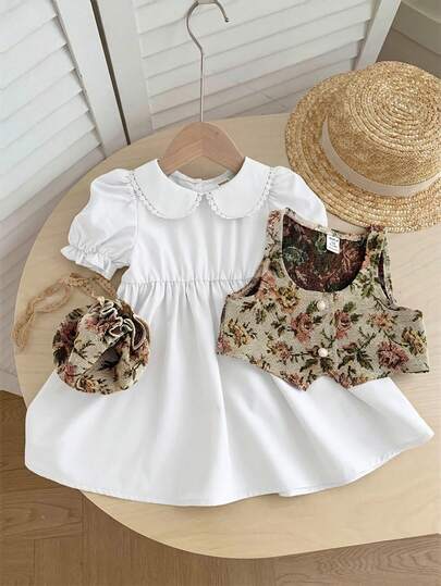 SHEIN LMoss Kids Baby Girl Vintage Floral Pattern Vest & Peter Pan Collar Short Sleeve Dress Set
