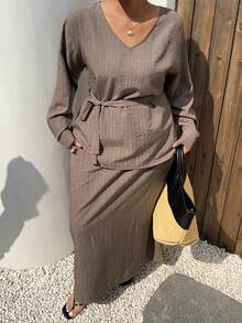 Dazy Plus Plus Size Women's V-Neck Belted Top And Skirt 2 Pieces Set, Casual Vacation, Spring/Autumn Summer Lounge Sets For Women - Brown - View 8