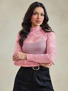 Wildy 黑色网纱透视蕾丝上衣，美式西部乡村音乐节风格，夏季女款 - 淺粉色 - 查看 4