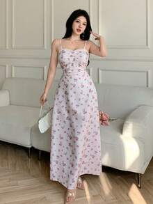 Celisse Women's Contrast Lace Floral Pattern Ruffle Elegant Camisole Dress - Pink - View 4