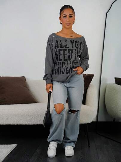 SAYEHFBABY Women's Streetwear Grey Oblique Shoulder Off Shoulder Academic Commute Black English Vintage Print Oversized Rivet Decor Goth E-Girl Y2K Punk Long Sleeve Sweatshirt Graduation,Back To School Outfits,Graduation,Teacher Outfits For Women,Back To School ,Gothic Women Clothes,Fall Outfits Women Pullover