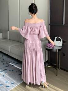 DAZY Women's Summer Off Shoulder Short Sleeve Waist Cinched Elegant Long Dress Sundress - Pink - View 5