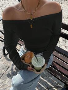 SHEIN EZwear 黑色针织露肩修身T恤 - 黑色 - 查看 5