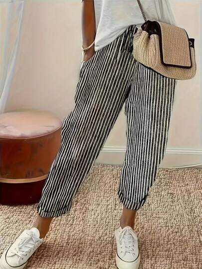 EMERY ROSE Vintage Casual Black & White Vertical Striped Drawstring Harem Pants