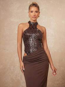 Lumalex Đầm dài ôm sát gợi cảm dành cho nữ, phối sequin và hạt cườm, kiểu patchwork. - Cà phê nâu - Xem 7