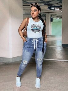 SHEIN ICON Plus Size Casual Washed Distressed Slim Fit Jeans - Medium Wash - View 4