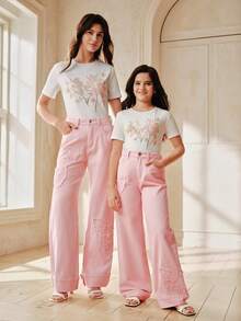 Anewsta Girls' Spring/Summer Fashion Casual Elegant Butterfly Embroidered Pink Straight Jeans - Pink - View 1