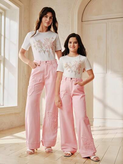 Anewsta 女童春夏时尚休闲优雅蝴蝶刺绣粉色直筒牛仔裤