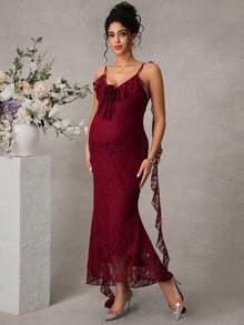 Momance Burgundy Lace Ribbon Maxi Maternity Dress, Elegant Flowy Hem, Suitable For Summer/Spring Vacation, Wedding Party - Burgundy - View 6