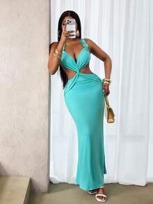 BamGleam Gaun Halter Minimalis Warna Polos untuk Wanita - Biru - View 7