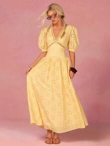 Athîral 女士休闲度假V领刺绣长裙，春夏款 - 鵝黃色 - 查看 4