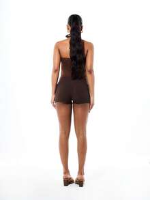 BABYPHAT Women's High Rise Ribbed Knit Micro Length Booty Shorts With Gold Logo Detail Fitted Casual Loungewear Bottom - Brown - View 7