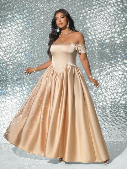 Viva Relle Plus Size Women's Spring/Summer New Satin Off-Shoulder Dress, Champagne Gold, Heart-Shaped Waist Design Slimming Maxi Dress. Suitable For Fashionable Gala, Romantic Date, Wedding Guest, Bridesmaid, Valentine's Day Chic Outfit, Urban Outing, Music Festival, Elegant Carnival And Eye-Catching Attire: Luxurious Elegant Fashion, Glamorous Plus Size Women's Clothing.
