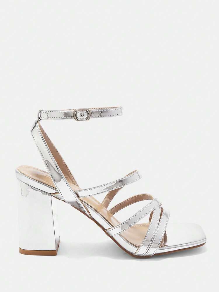 CUCCOO CURVES Women Shoes Wide Fit Square Toe Thick High Heel Silver Ankle Strap Thin Strap Stylish Sexy Comfortable Commuter Women High Heel Sandals Plus Size