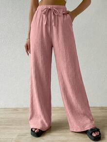 SHEIN EZwear Lotus Root Pink Cotton Loose Textured Pleated Drawstring Waist Pants - Dusty Pink - View 3