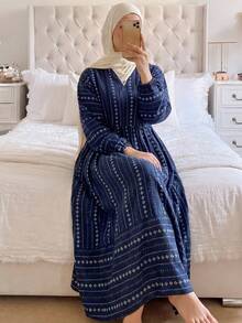 DAZY Retro Pattern All-Over Print Loose Women Nightgown - Navy Blue - View 6