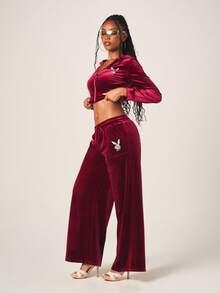 Missguided x Playboy Luxurious Burgundy Velvet Wide Leg Sweatpants With Drawstring Waist And Rhinestone Text Detail For Casual Comfort And Loungewear - Burgundy - View 3
