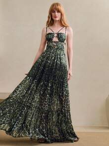 Arave Women's Sleeveless Leopard Print Woven Fabric Dress, Waist Gathered Pleated Design, Casual Daily Wear Dress - Army Green - View 4