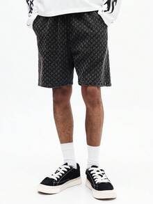 SUMWON Men's Textured Denim Shorts With All Over Print Pattern Casual Summer Relaxed Fit Above Knee Length Street Style Bottoms - Black - View 4