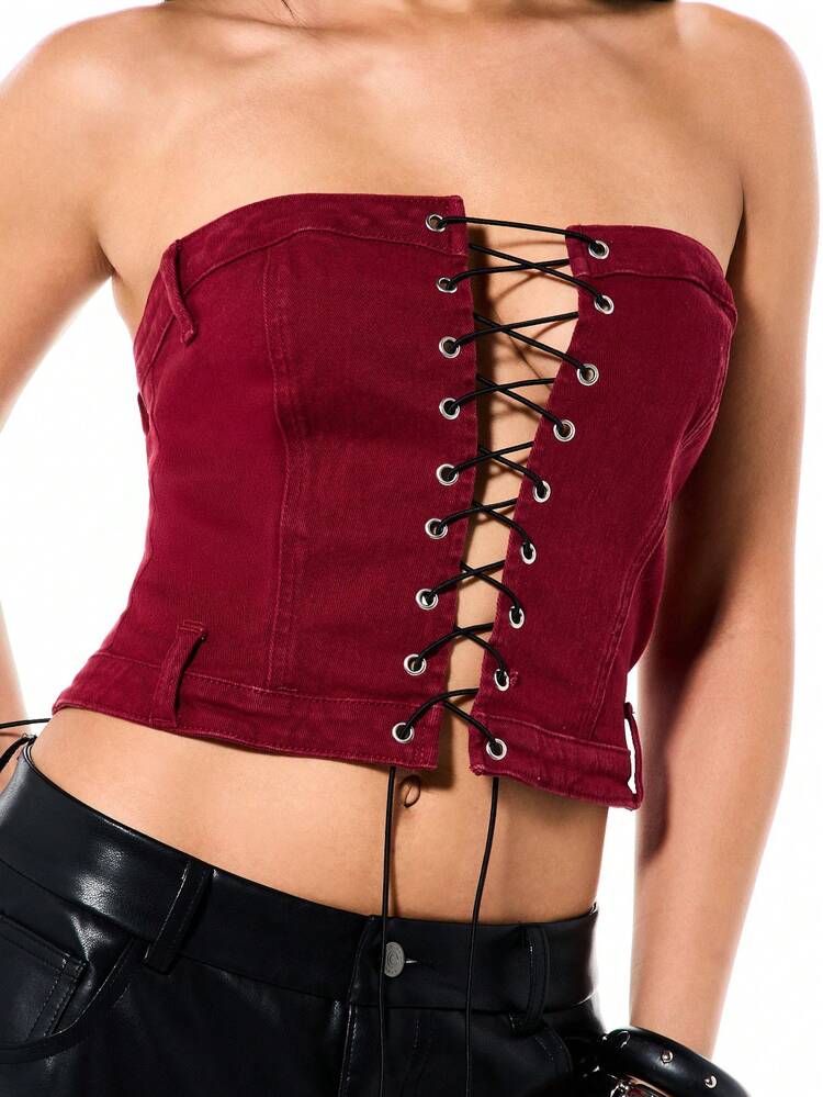 SUMWON WOMEN Women's Burgundy Denim Corset Top With Lace-Up Front Detail Strapless Bandeau For Evening And Party Occasions